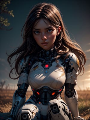 A photo of lost knackered gorgeous female military soldier cyborg sit down on the savana, back light, insanely detailed and intricate, octane render, unreal engine, hyper realistic photo, high definition, 32 K, Nat Geo photography style