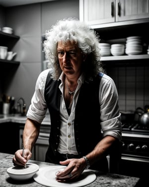 a professional ((black and white))photo shoot of 80's long heavy metal hair styled male famous 30 years old bass player (Brian May:1.2) prepares sugar and butter sandwich at his modern british kitchen, detailed face, detailed eyes, symmetric eyes, perfect face, directional stage light from abice, shallow depth of field, masterpiece photography work of Annie Leibovitz, professional Lightroom Color grading by Kenneth Hines Jr.,, ultra-sharp focus, volumetric lighting