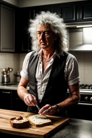 A professional ((black and white))photo shoot of 80's long heavy metal hair styled male famous presenter (Brian May:1.2) prepares sugar and butter sandwich at his modern british kitchen, detailed face, detailed eyes, symmetric eyes, perfect face, directional stage light from abice, shallow depth of field, masterpiece photography work of Annie Leibovitz, professional Lightroom Color grading by Kenneth Hines Jr., Volumetric lighting, ultra-sharp focus