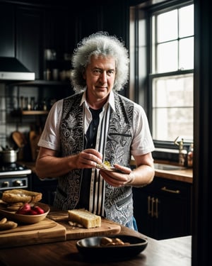 a professional ((black and white))photo shoot of 80's long heavy metal hair styled male famous 30 years old bass player (Brian May:1.2) prepares sugar and butter sandwich at his modern british kitchen, detailed face, detailed eyes, symmetric eyes, perfect face, directional stage light from abice, shallow depth of field, masterpiece photography work of Annie Leibovitz, professional Lightroom Color grading by Kenneth Hines Jr.,, ultra-sharp focus, volumetric lighting