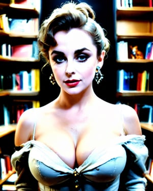 (photorealistic, candid photo), gorgeous European mature lady [Elizabeth Taylor:Maude Adams:0.45], pale skin, messy hair bun, subtle makeup, perfect curves, busty, slightly chubby, oval pretty face, sharp almond eyes, sharp cheekbones, perfect high nose, perfect large boobs, very attractive, wearing a sexy blouse showing out her breasts, tight jeans, a thin pendant necklace, earrings, bracelet, retrobigguns, choosing some books in a big bookshop with bookshelves lining on the wall. she looks very sexy and lustful, eye level camera, vibrant color, soft ambience lighting, sharp focus, full body view, wide angle lens, symmetrical composition, perfect composition, rule of thirds composition, subject positioned off-center, perfect body anatomy, proportional body,  photo realism, best quality, 8k, masterpiece