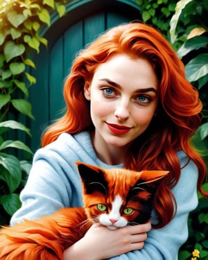 red-haired girl [Elizabeth II:Gal Gadot:0.45] with a full sized  red mainecoon cat, (best quality, masterpieces, ultra-detailed), beautiful detailed eyes, beautiful detailed lips, longeyelashes, vibrant colors, illustrative style, oil painting texture, flowing red hair, cozy garden background, soft sunlight, lively expression, joyful interaction with the cat, dynamic pose, realistic rendering.
