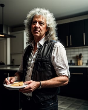 a professional ((black and white))photo shoot of 80's long heavy metal hair styled male famous 30 years old bass player (Brian May:1.2) prepares sugar and butter sandwich at his modern british kitchen, detailed face, detailed eyes, symmetric eyes, perfect face, directional stage light from abice, shallow depth of field, masterpiece photography work of Annie Leibovitz, professional Lightroom Color grading by Kenneth Hines Jr.,, ultra-sharp focus, volumetric lighting