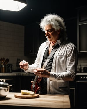 a professional ((black and white))photo shoot of 80's long heavy metal hair styled male famous 30 years old bass player (Brian May:1.2) prepares sugar and butter sandwich at his modern british kitchen, detailed face, detailed eyes, symmetric eyes, perfect face, directional stage light from abice, shallow depth of field, masterpiece photography work of Annie Leibovitz, professional Lightroom Color grading by Kenneth Hines Jr.,, ultra-sharp focus, volumetric lighting