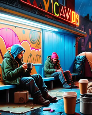 A picture of ((two beautiful female)) homeless, a refugees in their own city, sipping a cup of take away coffee in front of their camp on a pavement in front of an ((abandoned grocery store)) with vibrant graffiti on the wall, with a lot of neighboring tents, insanely detailed street objects, night street lighting, masterpiece cinematic illustration with Don Lawrence color pencil, octane render, ultra sharp and crisp, 4k, high resolution, with more people in the background, including an old man playing guitar nearby, with rainy weather and umbrellas