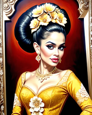 beautiful javanese majestic queen donning exotic brocade laced kebaya dress and batik long skirt, big bun hairdo with golden  flowers hair ornaments, insanely detailed and intricate grand and elegant Jepara style wood carving in background, oil on canvas painting, realistic style, heavily influenced by Don Lawrence photorealistic brush stroke style