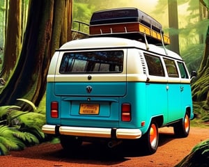 A cinematic back view of a bohemian hippie vw camper van in the 1970's parked in a wood, ornate, insanely detailed and intricate, volumetric lighting, neon punk afternoon, a masterpiece photo realistic illustration of British color comic maestro Don Lawrence, automotive draw detaling by Shirow Masamune, art by Artgem, trending at Artstation