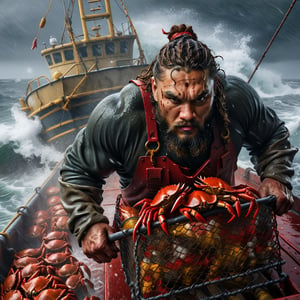 A realistic image of a large, muscular, bald crab [fisherman:Jason Momoa:0.1] in the Bering Sea with a red beard, wearing a dark red extreme weather sea fisherman's outfit, pulling a steel crab trap filled with crabs amidst a raging storm on the deck of his large sea vessel, an oil painting on canvas, photorealistic, very sharp and detailed,more detail XL