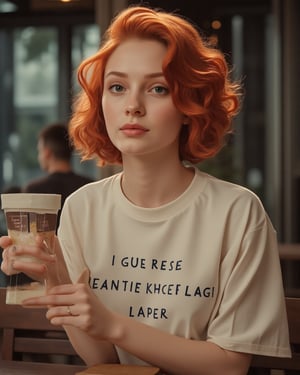 Ginger haired shot curly hair style Beautiful Woman [Marilyn Monroe:Maude Adams:0.45] donning T-Shirt with Text "Gue Rese Kalo Lagi Laper", sitting at the cafe waiting for her food order, realistic, masterpiece street photography style