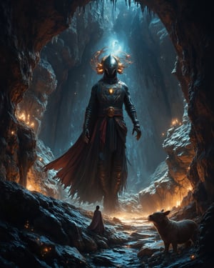 Bima, the Towering and Strongest Pandawa clan Knight, he contemplate in a cave full of firefly, his full body levitates away from the ground, his hum make the firefly dance in swirl, stalactite and stalagmite looks like a jaw, insanely detailed and intricate, masterpiece oil on canvas painting with Raden Saleh painting  style