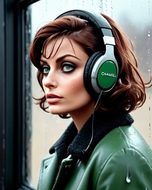 (masterpiece, photo-realistic, moody:1.5), a captivating portrayal of a girl [Sophia Loren:Mause Adams:0.45] with a chic black chanel bob, mesmerizing green eyes, and cute freckles on her cheeks, (lost in the world of music as she wears wifi headphones:1.5), her head resting against the windowpane, wearing a colorful winter coat, (a hint of melancholy reflected in her expression:1.3), raindrops decorating the window, with a soft, dim light illuminating the scene, (evoking a sense of introspection and emotion:1.3), Cinematic, Hyper-detailed, insane details, Beautifully color graded, Unreal Engine, DOF, Super-Resolution, Megapixel, Cinematic Lightning, Anti-Aliasing, FKAA, TXAA, RTX, SSAO, Post Processing, Post Production, Tone Mapping, CGI, VFX, SFX, Insanely detailed and intricate, Hyper maximalist, Hyper realistic, Volumetric, Photorealistic, ultra photoreal, ultra-detailed, intricate details, 8K, Super detailed, Full color, Volumetric lightning, HDR, Realistic, Unreal Engine, 16K, Sharp focus, Octane render --v testp