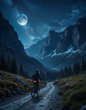 A beautiful female gravel bike packer, detailed face, pedaling her gravel bike, in a starry night, big full moon, Milky Way belt, at The breathtaking Dolomite gravel track, insanely detailed and intricate scene background, realistic Don Lawrence Style