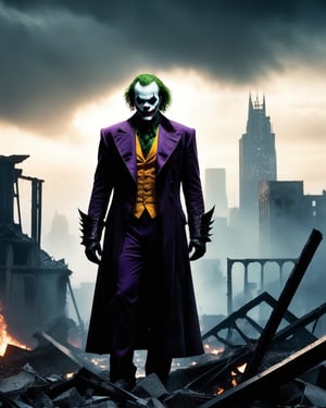 A haunting scene unfolds: the Raging Anger Spawned Undead Joker stands tall, eyes blazing with malevolent fury, amidst the ruins of Gotham City's heart. Ominous darkness seeps from the sky like a living entity, casting an eerie glow on the cityscape's twisted metal and concrete chaos. In this forsaken landscape, the undead clown's dark aura hangs heavy, as if conjuring forth the very essence of the city's despair.