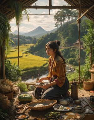 Beautiful peasant Indonesian girl with hairbun and kebaya, prepares meal at the bamboo hut, terraced rice field, river stream, volcano, village in a far distant, other farmers at rice fields working, serene and tranquil scene, oil on canvas painting in the style of Raden Saleh paintings, octane render