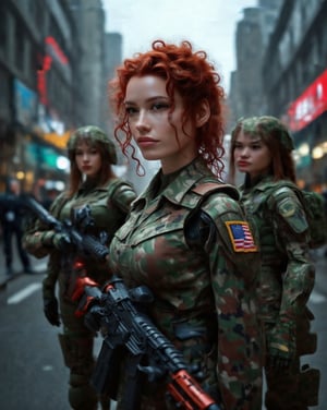 Short Curly Red Hairstyle Gorgeous Ultra intelligent and highly enhanced Female Military Cyborg Commander with her two Gorgeous enhanced Female Military Combat Cyborg Soldier in camo suite in the city street. Insanely super detailed and intricate, ornate, hyper-realistic, hypermaximalist, photograph, super detailed, high resolution, full color, 4K, 8K high Definition. Canon EOS 5D Mark III, 35 mm Canon f/16, Exposure time: 1/125, ISO 250.