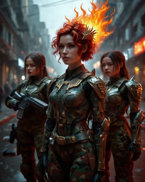 Ultra intelligent and highly enhanced Female Military Cyborg Commander stands confidently in the city street, her short curly red hairstyle a fiery crown amidst a sea of steel and camouflage. Two Gorgeous enhanced Female Military Combat Cyborg Soldiers flank her, their own ornate armor glinting under the precise lighting. The 35mm lens captures every intricate detail of their hyper-realistic, high-resolution forms as they pose in sharp focus against the blurred urban backdrop, bathed in a warm glow from the afternoon sun.