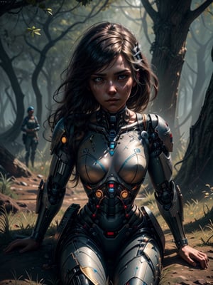 A photo of lost knackered gorgeous female military soldier cyborg sit down on the savana, back light, insanely detailed and intricate, octane render, unreal engine, hyper realistic photo, high definition, 32 K, Nat Geo photography style