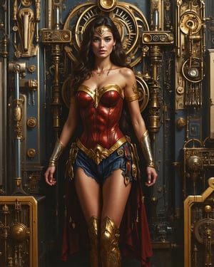 Steampunk Clockwork Automaton version of Wonder Woman, realistic oil on canvas painting with strong influence of Don Lawrence style