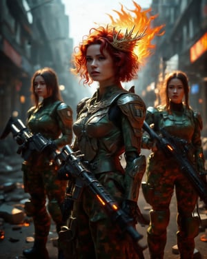 Ultra intelligent and highly enhanced Female Military Cyborg Commander stands confidently in the city street, her short curly red hairstyle a fiery crown amidst a sea of steel and camouflage. Two Gorgeous enhanced Female Military Combat Cyborg Soldiers flank her, their own ornate armor glinting under the precise lighting. The 35mm lens captures every intricate detail of their hyper-realistic, high-resolution forms as they pose in sharp focus against the blurred urban backdrop, bathed in a warm glow from the afternoon sun.