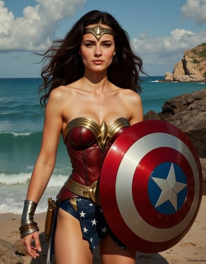 Wonder Woman borrowing Captain America's Vibranium Shields in a Serpent Island, portraits, realistic oil on canvas painting, Don Lawrence style