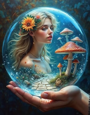 a crystal clear glass transparent blue orb filled with mesmerising vibrant cobbled stone path mushroom village in a palm of a gorgeous sexy face beautiful female fairy with a wavy golden hair style ornated with vibrant flower, realistic oil on canvas painting with strong influence of Don Lawrence style