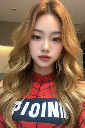 18 year old asian model, brown eyes, full lips, thin face, curly blonde hair, seductive, wearing spiderman shirt, on top of skyscraper
