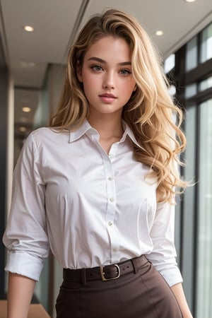 18 year old model, brown eyes, full lips, thin face, curly blonde hair, seductive, wearing business attire at a corporate office, raised skirt, butt, facing awary from viewer, sexy skirt