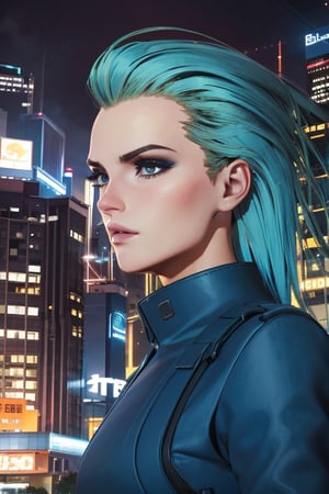 1 girl, blonde hair, blue hair, night city