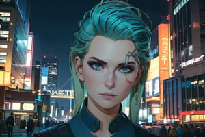 1 girl, blonde hair, blue hair, night city, looking_at_viewer