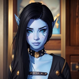 close up, 1 girl, blue skin, eye tattoos, Aria Bal, clothes, elf ears, collar, necless, spikes, 