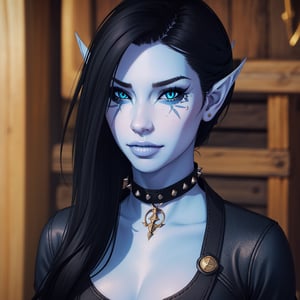 close up, 1 girl, blue skin, eye tattoos, Aria Bal, clothes, elf ears, collar, necless, spikes, 