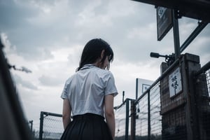 a black and white photo of a person on the wire fence, emotional picture, tumblr, anime asthetic, heartbroken, sad scene, anime aesthetic, with a sad expression, her back is to us, sad and lonley, devastated, crying and reaching with her arm, kaethe butcher, netting, accurate depiction, sad feeling, looks sad and solemn, (crotch visible. Short skirt. White panties), (back view. from below. Crotch shot), 