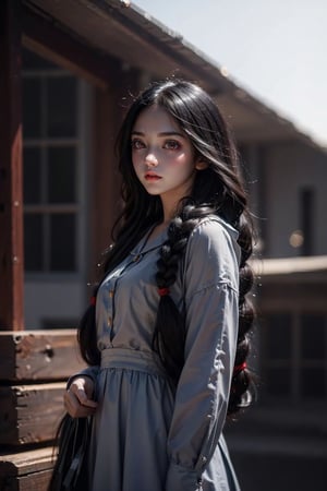 A raw photo of girl, masterpiece, ultra high res, ultra high quality, detailed face, detailed eyes, soft light, 1girl, (a girl standing at outdoor. Night), (close up. Potrait. face focus. Up close), (red eyes:1.3), (black hair:1.3), (double braids hair), (Beauitful face. cute. innocent), (modest clothing), (focus on viewer. Front view. From below), dark shoot, muted color, low key, dark tone, ultra high quality, ultra high resolution, detailed background, 8k