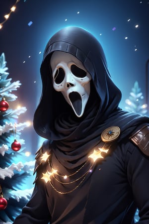 A guy standing at house, Christmas tree, Christmas decoration, ghost face mask, ghost face costume, glitter costume, (upper body:1.3), (head tilted), Christmas hat, Blue lights, particles, beautiful, focus on viewer, front view, masterpiece, ultra high quality, ultra high resolution, detailed background, muted color, luts, low key, dark tone,ghostface mask,HellAI,3d render style