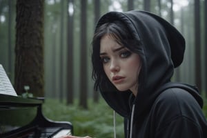A raw photo of girl, masterpiece, ultra high res, ultra high quality, detailed face, detailed eyes, soft light, 1girl, (black and white photo), ((a girl playing piano at forest)). Dark fog). (Upper body), (black hair:1.3), (short hair. In ear hair), (Beautiful face. Crying. Tears. Sadness), (hoodie), (focus on viewer. Front view. From below), dark shoot, muted color, low key, dark tone, ultra high quality, ultra high resolution, detailed background, 8k