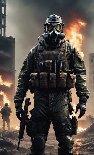 Duo guy standing at battlefield arena, modern warfare, outdoor, ruins city, upper body, military uniform, gasmask, dirty outfit, wet clothes, dark smoke, fire, rain, after nuclear, radio active, radiation city, wet ground, fire particles, front view, focus on viewer, ruins landscape background, photo real, ultra detailed, masterpiece, ultra high quality, ultra high resolution, ultra realistic, ultra reflection, ultra lighting, detailed background, dramatic lighting, low key, dark tone, 8K