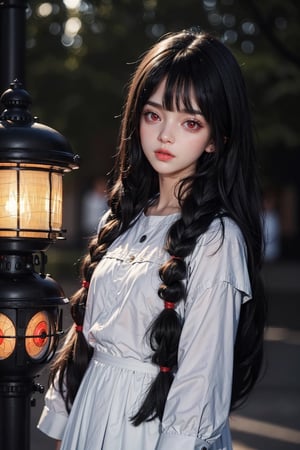 A raw photo of girl, masterpiece, ultra high res, ultra high quality, detailed face, detailed eyes, soft light, 1girl, (a girl standing at outdoor. Night), ((Close Shot)), ((face focus)), (red eyes:1.3), (black hair:1.3), (double braids hair), (Beauitful face. cute. innocent), (modest clothing), (focus on viewer. Front view. From below), dark shoot, muted color, low key, dark tone, ultra high quality, ultra high resolution, detailed background, 8k