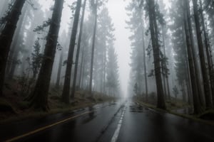Masterpiece, ultra high res, ultra high quality, from below, a quiet road around the forest, rainy day, fog, ultra detailed, dramatic lighting, ultra realistic, ultra detailed, aesthetic, 8k
