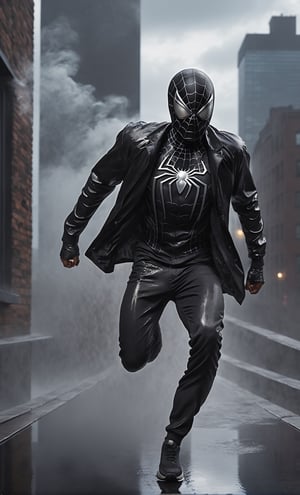 A guy running at rooftop, black jacket, black spiderman, wet clothes, full body, wet reflection, rainy, smoke, city landscape background, front view, focus on viewer, photo real, ultra detailed, masterpiece, ultra high quality, ultra high resolution, ultra realistic, ultra reflection, ultra lighting, detailed background, dramatic lighting, low key, dark tone, 8K,HellAI