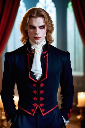 Masterpiece, high quality, ultra high res, detailed face, detailed eyes, (Lestat de Lioncourt), a Vampire male, 24 year old, full body, (white eyes:1.3), pale skin, handsome, comma hair, stylish guy, very handsome, black outfit, small cute fangs, open mouth, bloods at mouth, blood melts, bloods at neck, sitting at chair at dark castle indoor, focus on viewer, front view,
