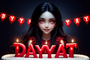 Masterpiece, best quality, ultra high res, ultra detailed, detailed face, detailed eyes, dark fantasy art, horror and dramatic, 14 years old girl, upper body, beautiful girl, cute, pale skin, long black hair, in ear hair, smile, (red big birthday cake at table), (holding a big black sign with (("DAYAT")), text logo, black, red, glowing, glow:1.3, with her hands, red glowing eyes, sitting at night castle, focus on viewer, front view, Movie Still, upper body, monster, text logo 