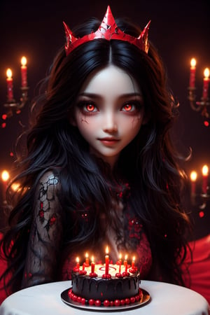 Masterpiece, best quality, ultra high res, ultra detailed, detailed face, detailed eyes, dark fantasy art, ((horror and dramatic)), 14 years old girl, upper body, beautiful girl, cute, (pale skin), long black hair, in ear hair, smile, red birthday cake at table, holding a big black sign with (("HAPPY BIRTHDAY)) ((DAYAT")), text logo, small text, black, red, glowing, glow:1.3, with her hands, (red glowing eyes), sitting at night castle, focus on viewer, front view, Movie Still, upper body, monster,Text logo