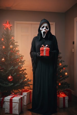A girl standing at house, Christmas tree, Christmas decoration, ghost face mask, ghost face costume, (full body:1.3), Christmas hat, holding an gift, red lights, focus on viewer, front view, masterpiece, ultra high quality, ultra high resolution, detailed background, muted color, luts, low key, dark tone,ghostface mask,HellAI