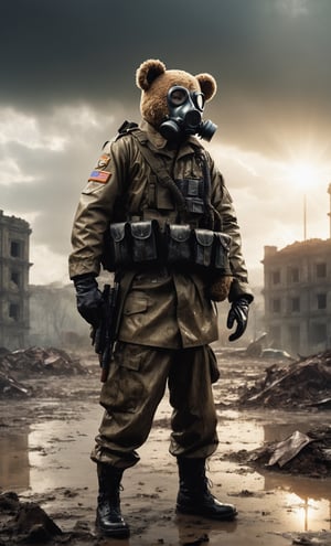 A guy standing at battlefield arena, outdoor, ruins city, upper body, military uniform, gasmask, holding an teddy bear, dirty outfit, wet clothes, Sunday, cloud, sun reflection, wet ground, after rain, front view, focus on viewer, photo real, ultra detailed, masterpiece, ultra high quality, ultra high resolution, ultra realistic, ultra reflection, ultra lighting, detailed background, dramatic lighting, low key, dark tone, 4K