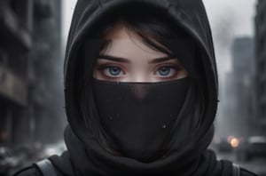A raw photo of girl, masterpiece, ultra high res, ultra high quality, detailed face, detailed eyes, soft light, 1girl, (black and white photo), (a girl standing at broken modern city after war. Smoke. Dark background. Night). (Close up), (black hair:1.3), (long hair. ((Wearing balaclava. balaclava mask)), (Crying. Tears. Sadness), (hooded), (focus on viewer. Side view. From below), dark shoot, muted color, low key, dark tone, ultra high quality, ultra high resolution, detailed background, 8k,More Detail,more detail XL