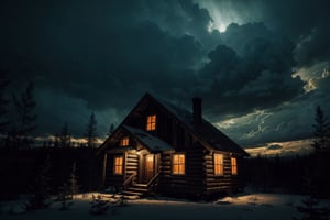 Masterpiece, ultra high res, ultra high quality, a spooky Abandoned cabin in the forest, from below, sky background, beautiful cloud, night, ultra detailed, dramatic lighting, ultra realistic, ultra detailed, aesthetic, 8k