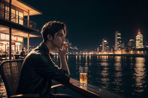 (masterpiece), best quality, high resolution, highly detailed, detailed background, perfect lighting, vivid colors, 1male, a guy sitting at chair around water city as landscape, holding an cigarette, smoking, realistic water reflection, night, midnight vibes, upper body, up close, from side, More Detail, low key, dark tone