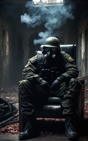 A guy sitting at chair in ruins military, inside, biohazard ☣️, PPE clothes, full body, bloody outfit, smoke, bloods around, spooky military, spooky around, masterpiece, ultra high quality, ultra high resolution, ultra realistic, ultra reflection, ultra lightening, detailed background, dramatic lightening, dark tone, low key, 16k