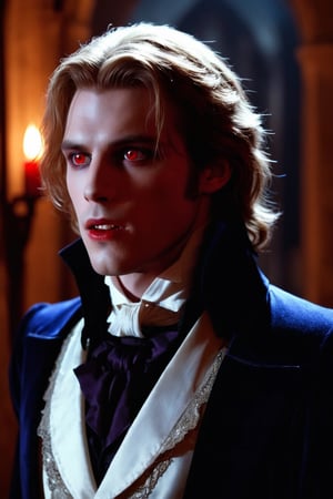Masterpiece, high quality, ultra high res, detailed face, detailed eyes, (Lestat de Lioncourt), a Vampire male, 24 year old, upper body, face focus, (silver eyes:1.3), pale skin, handsome, comma hair, stylish guy, very handsome, black outfit, small cute fangs, open mouth, bloods at mouth, blood melts, bloods at neck, standing at dark castle indoor, focus on viewer, front view,