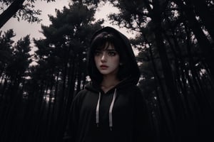 A raw photo of girl, masterpiece, ultra high res, ultra high quality, detailed face, detailed eyes, soft light, 1girl, (black and white photo), (a girl standing at forest alone. Dark fog. Dark background). (Upper body), (black hair:1.3), (short hair. In ear hair), (Beautiful face. Crying. Tears. Sadness), (hoodie. Pants), (focus on viewer. Front view. From below), dark shoot, muted color, low key, dark tone, ultra high quality, ultra high resolution, detailed background, 8k,More Detail